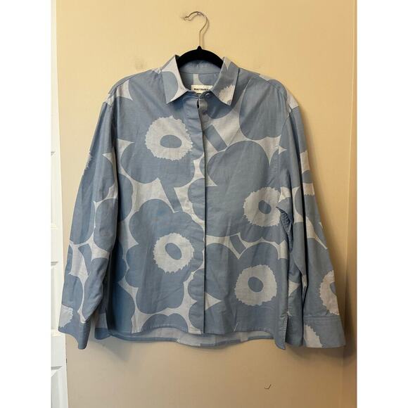 Marimekko Ruoste Unikko Button Down Blouse in Blue Poppy Women's 40 Large - Picture 3 of 8